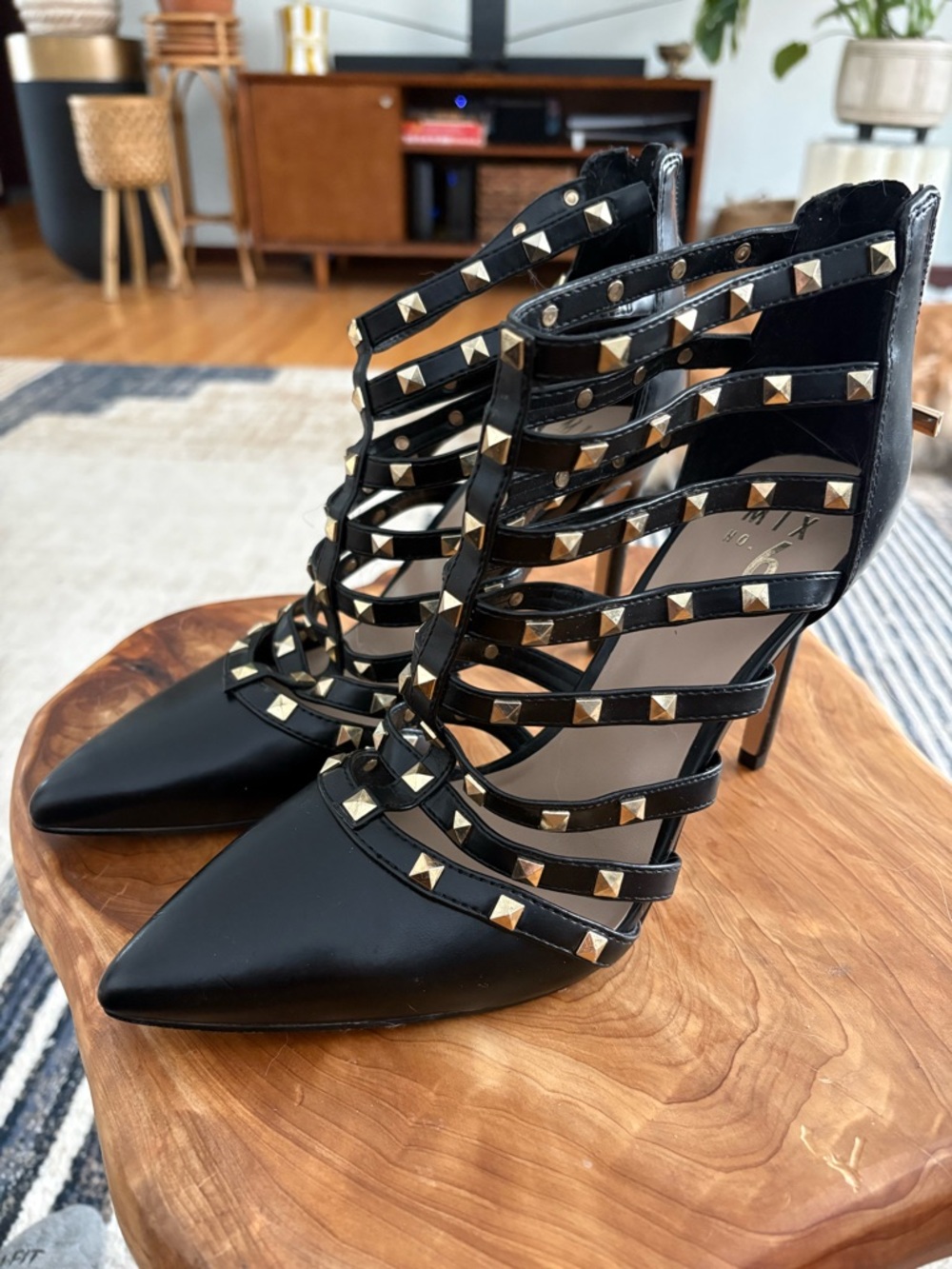Mix No. 6 Black and Gold Strappy Studded Pointed-Toe Heels